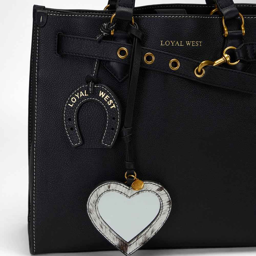 Loyal West HEART SHAPE BAG CHARM IN BLACK & WHITE COWHIDE