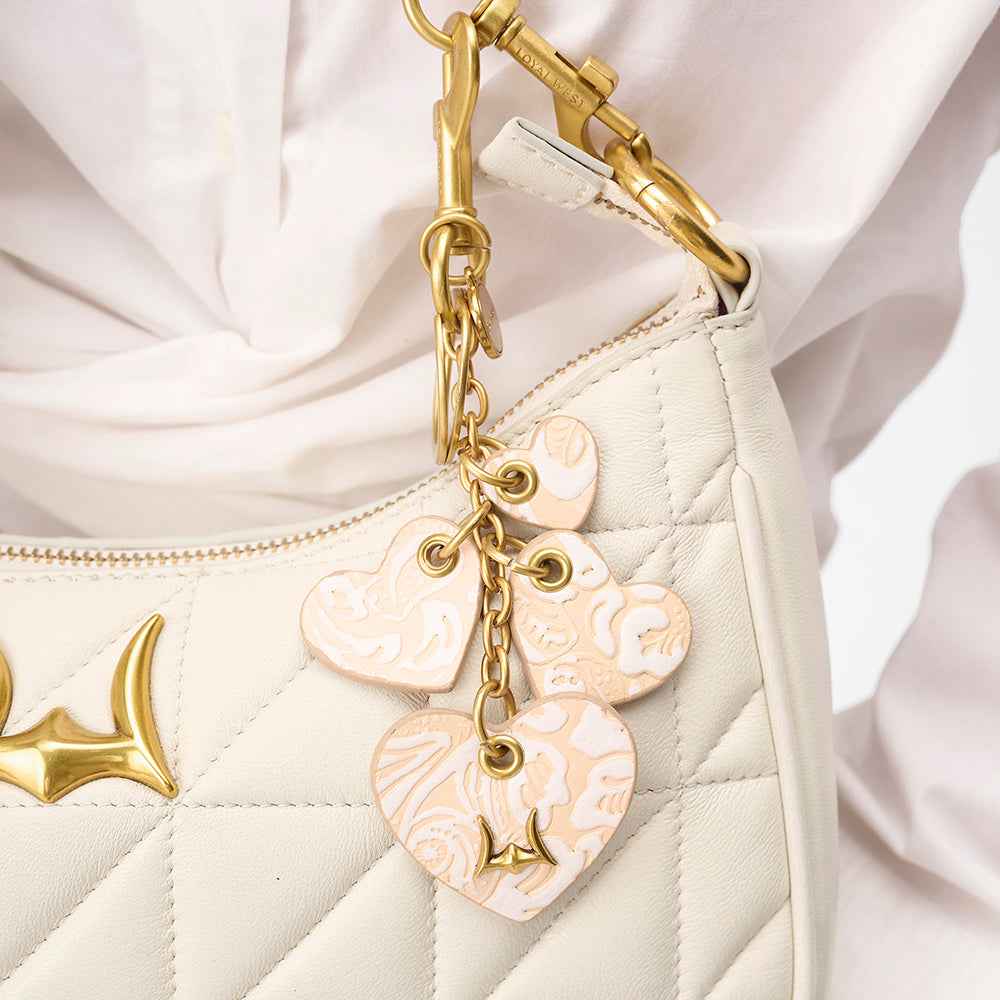 Loyal West HEART SHAPE KEYCHAIN IN HAND FINISHED EMBOSSED LEATHER - WHITE