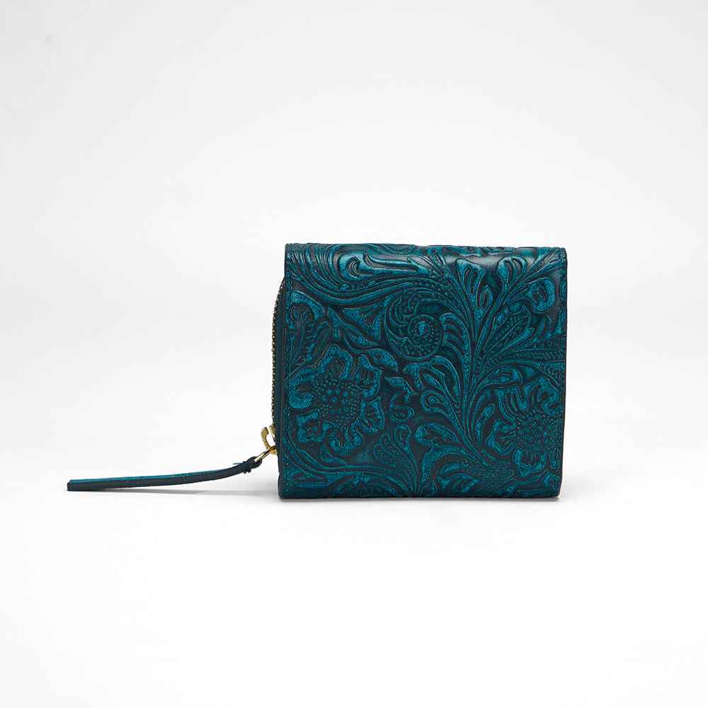 Loyal West SOPHIA CARD HOLDER IN HAND FINISHED EMBOSSED LEATHER -  TURQUOISE