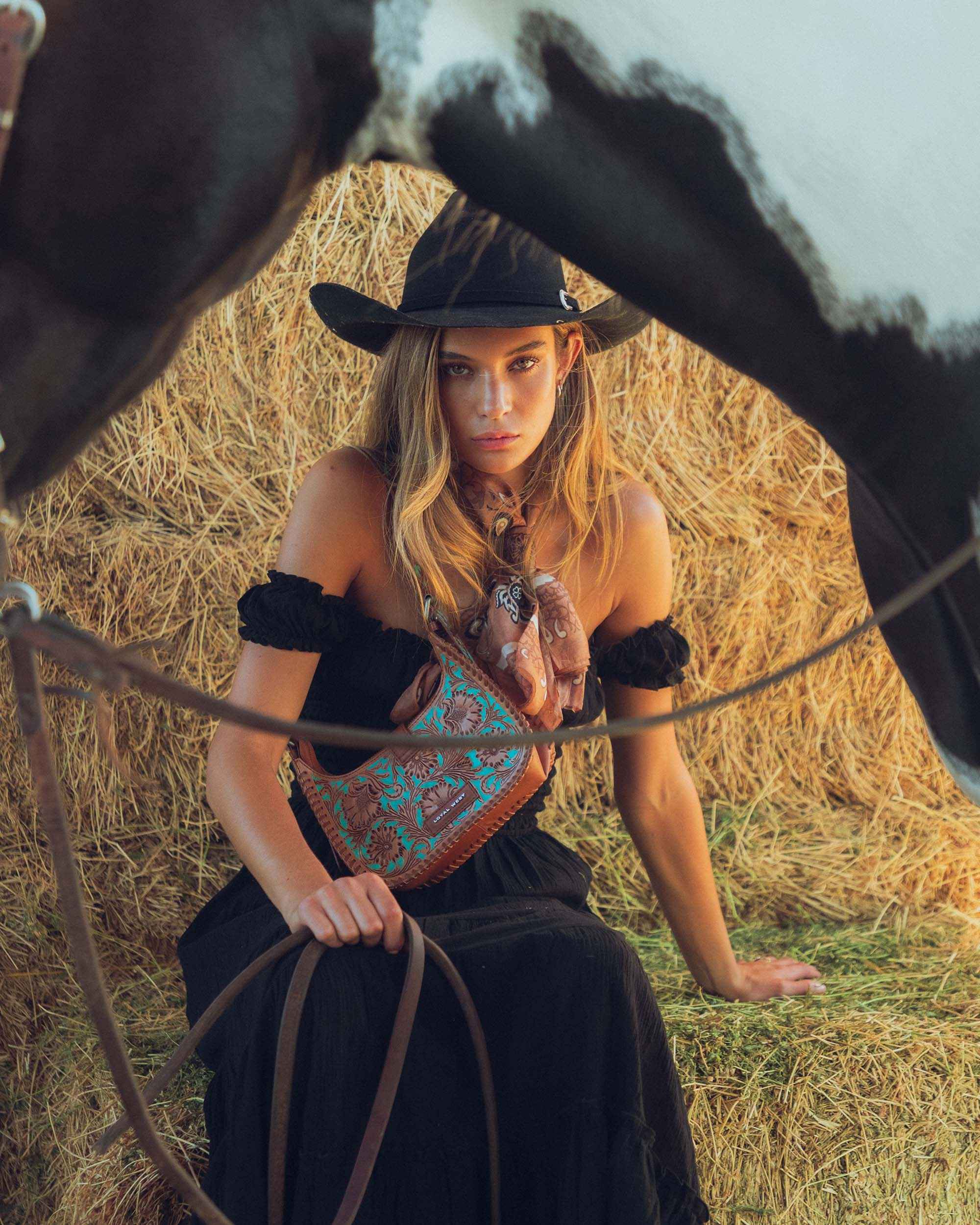 Loyal West Bandana Canyon Silk Scarves With Handtooled Leather Slider - Saddle Brown