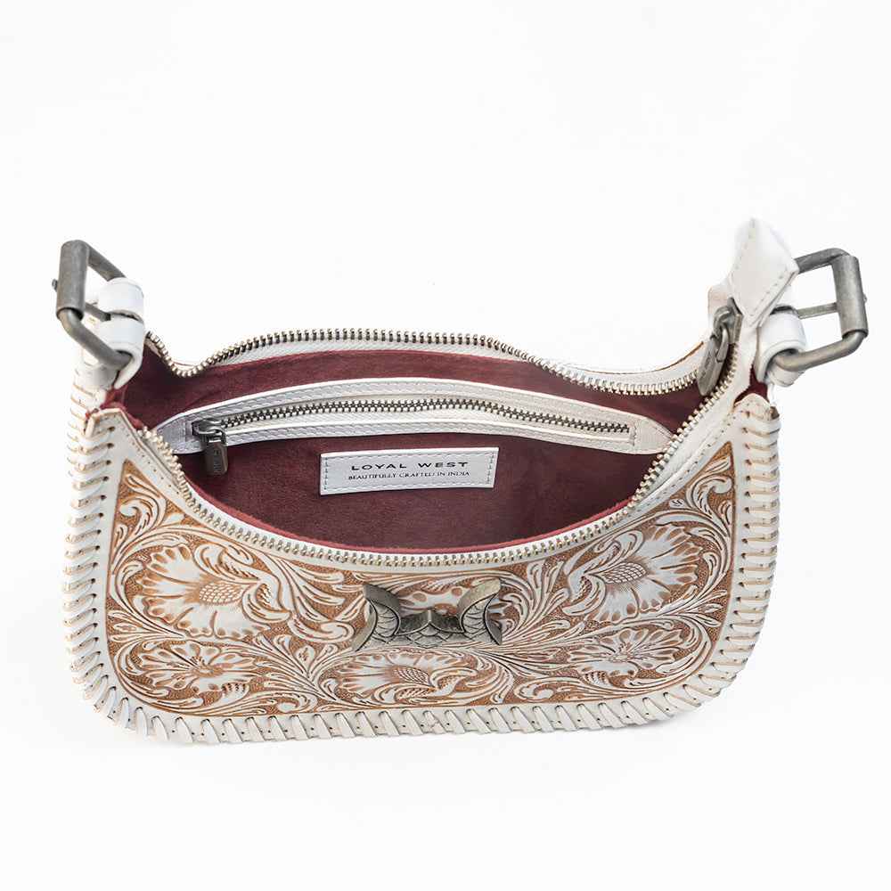 Loyal West DANNIA MEDIUM PURSE - IVORY DUST  HANDTOOLED LEATHER AND CALFSKIN