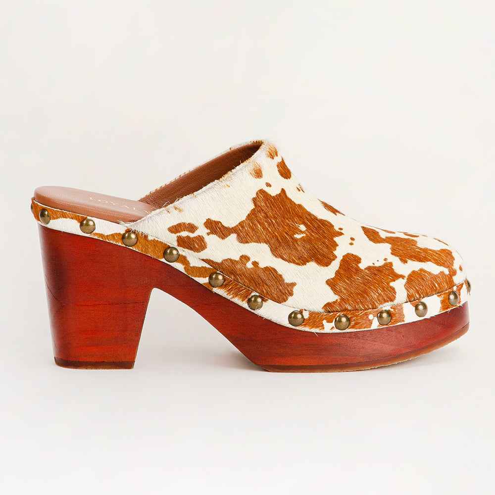 Loyal West Carlotta Trail Clogs Brown And White Cowhide