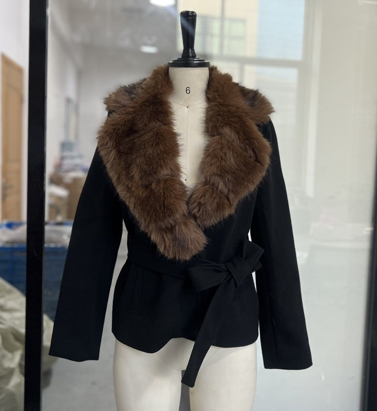 Fur Collar Waist Trimming Lace Up Coats