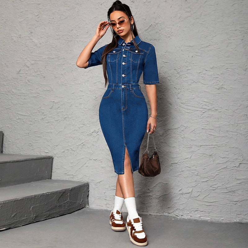 Women's Large Denim Lapel Sleeve Split Midi Dresses