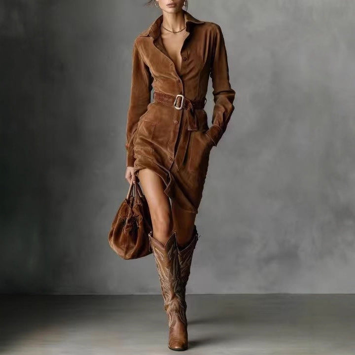 Women's Retro High Quality Slim Lapel Shirt Dresses
