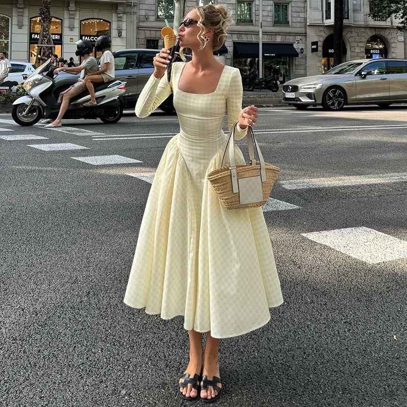 Women Wear Summer Sexy Tartan Dress High Waist Big Swing Long Sleeve Dress Women
