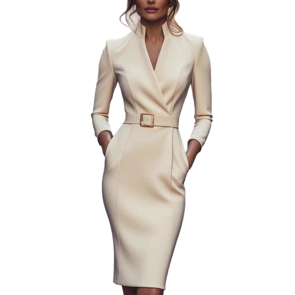 Women's Elegant Long Sleeve Pocket Dress Belted Dresses