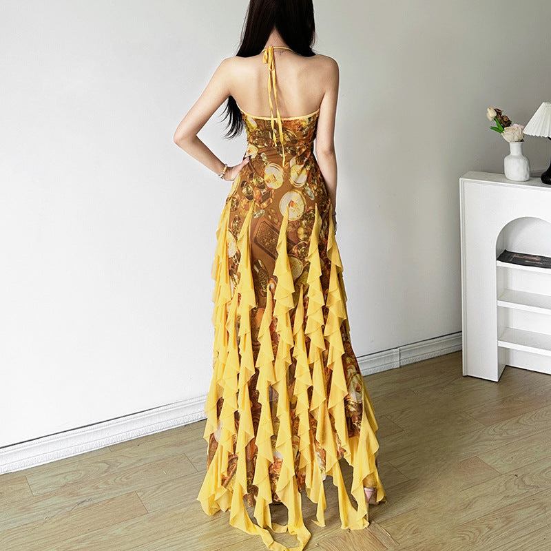 Women's High-grade Atmosphere Deep Collar Ruffled Backless Clothing