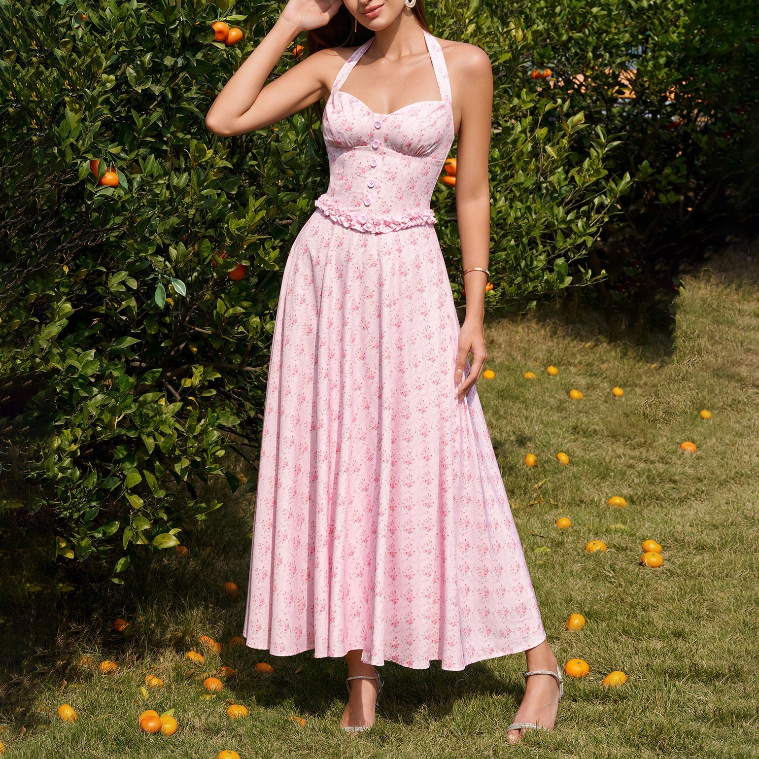 Four Sided Stretch Halter Tied Dress Sexy Backless Smocking Waist Slimming Wooden Ear Dress