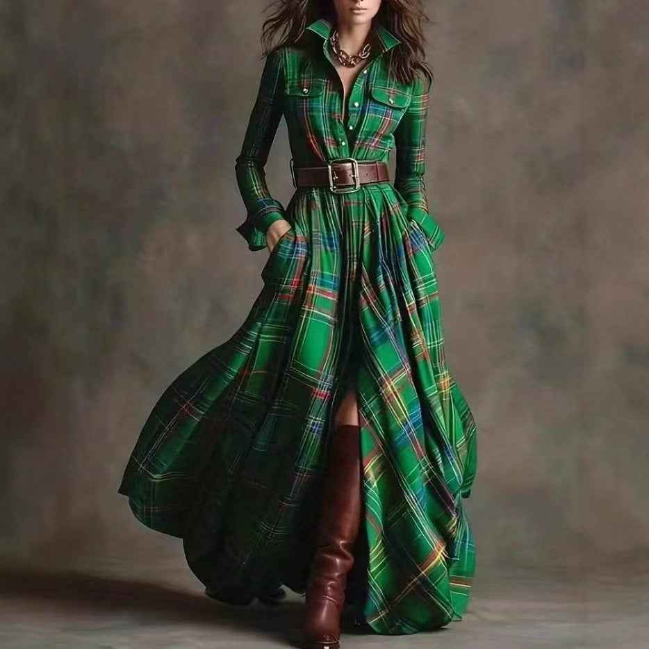 Women's Large French Retro Grid Slim Irregular Dresses