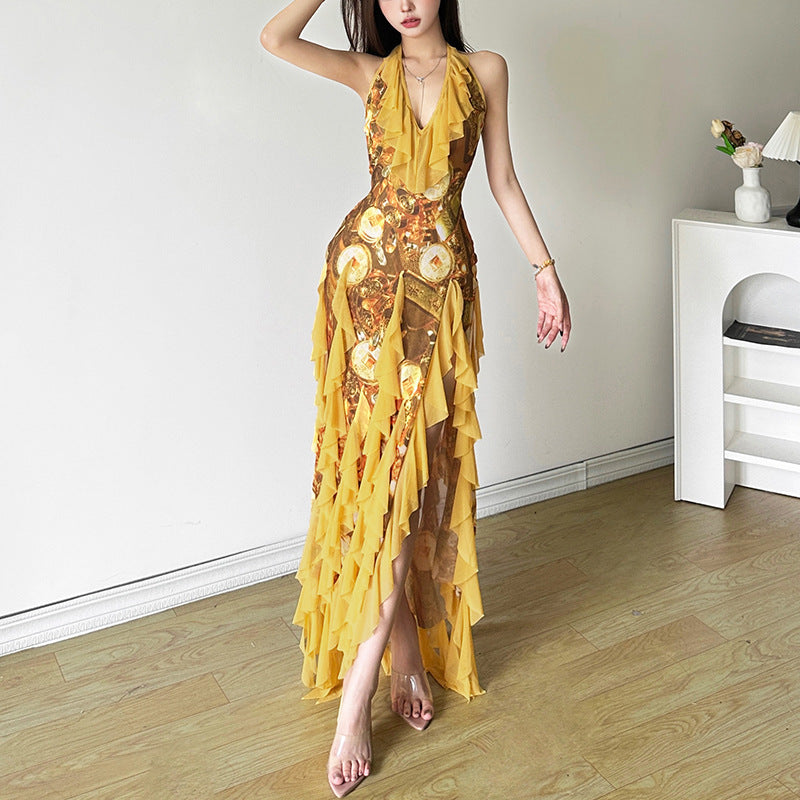 Women's High-grade Atmosphere Deep Collar Ruffled Backless Clothing