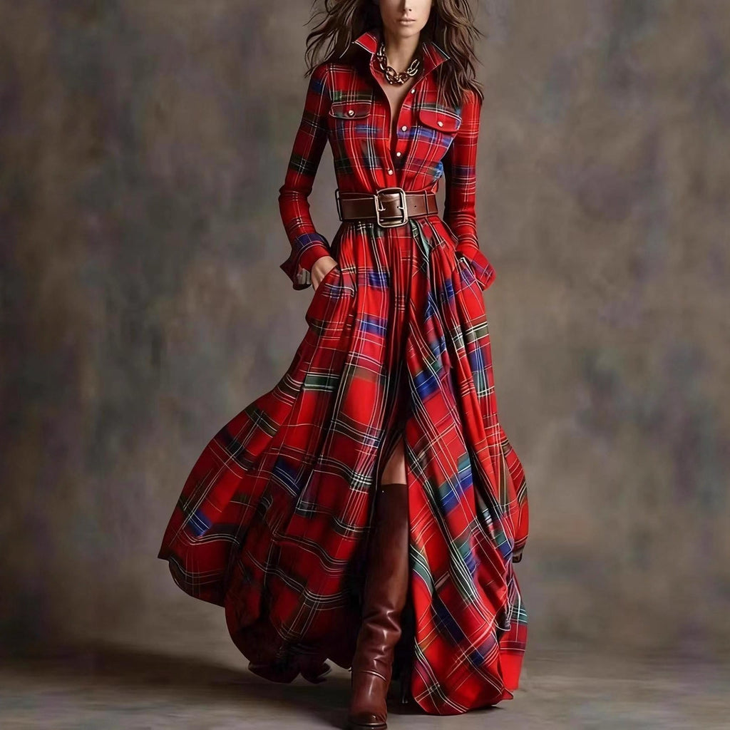 Women's Large French Retro Grid Slim Irregular Dresses