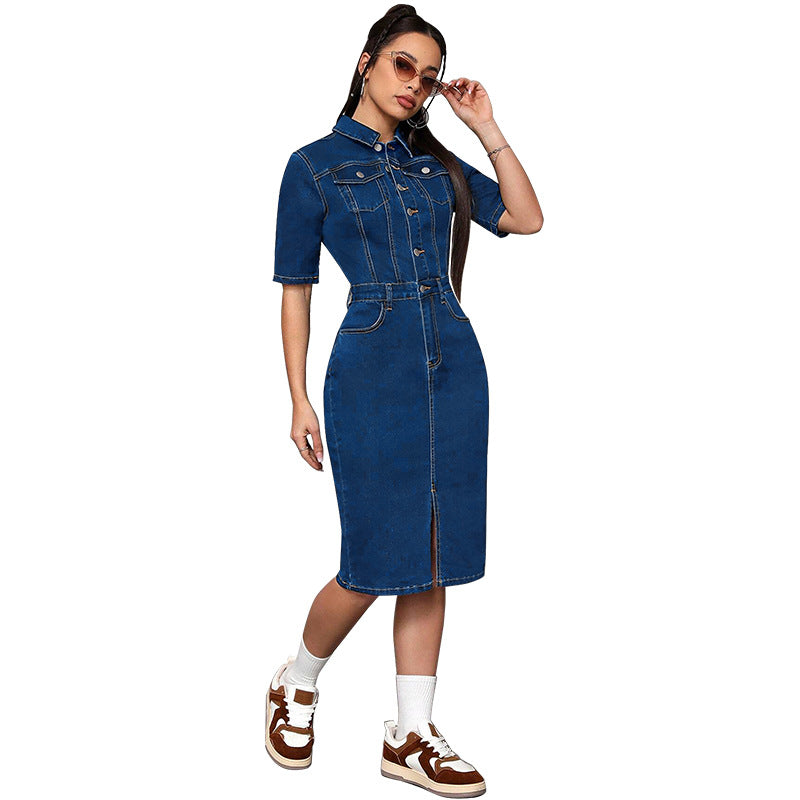 Women's Large Denim Lapel Sleeve Split Midi Dresses