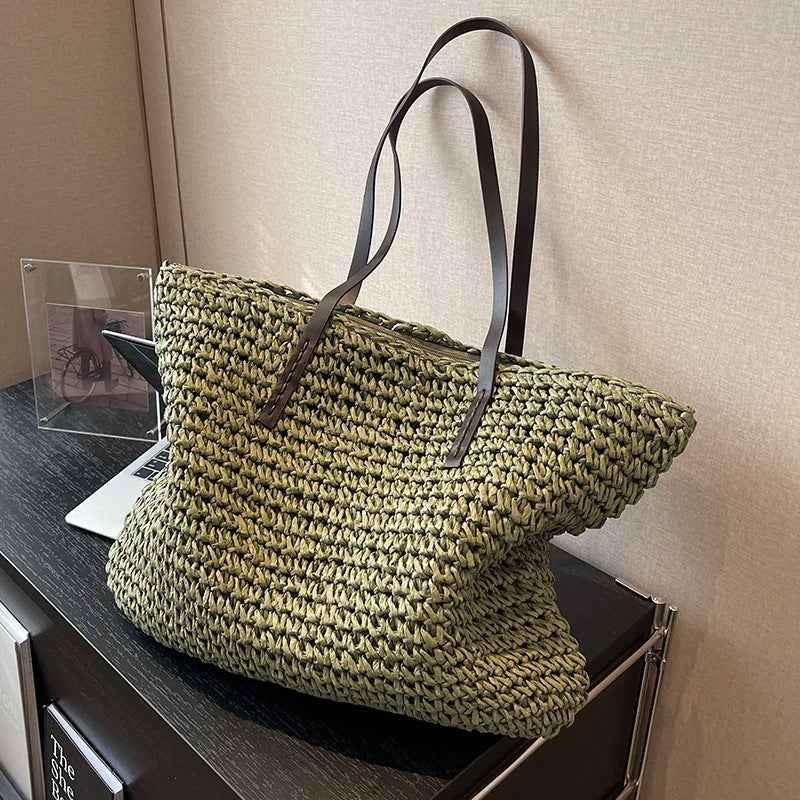 Summer Woven Shoulder Bag Ins Fashion Large Capacity Handbags With Zipper Women's Beach Bags