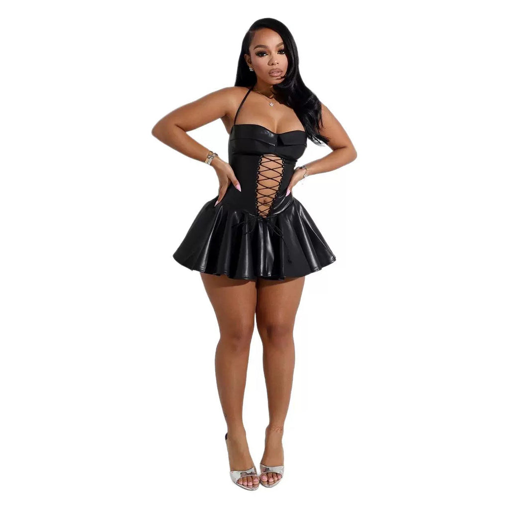 Women's Solid Color Sleeveless Sexy Tube Leather Dresses