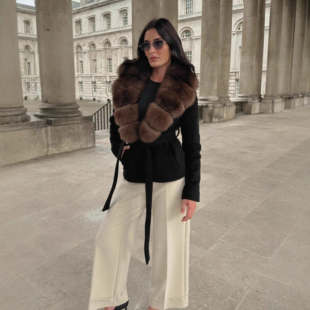 Fur Collar Waist Trimming Lace Up Coats