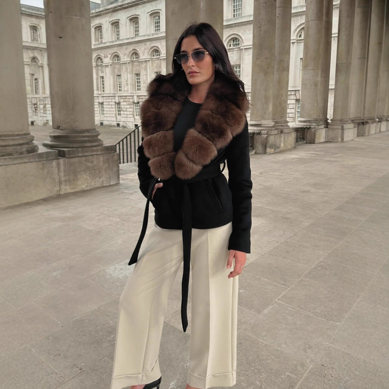 Fur Collar Waist Trimming Lace Up Coats
