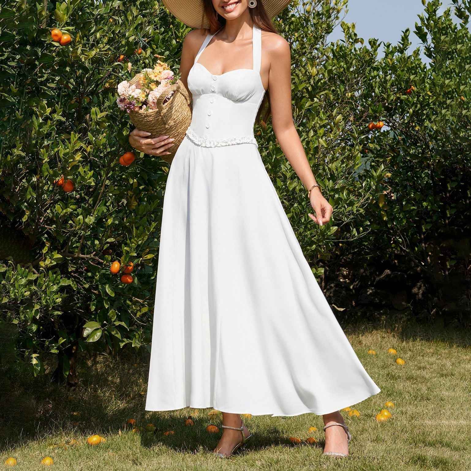 Four Sided Stretch Halter Tied Dress Sexy Backless Smocking Waist Slimming Wooden Ear Dress