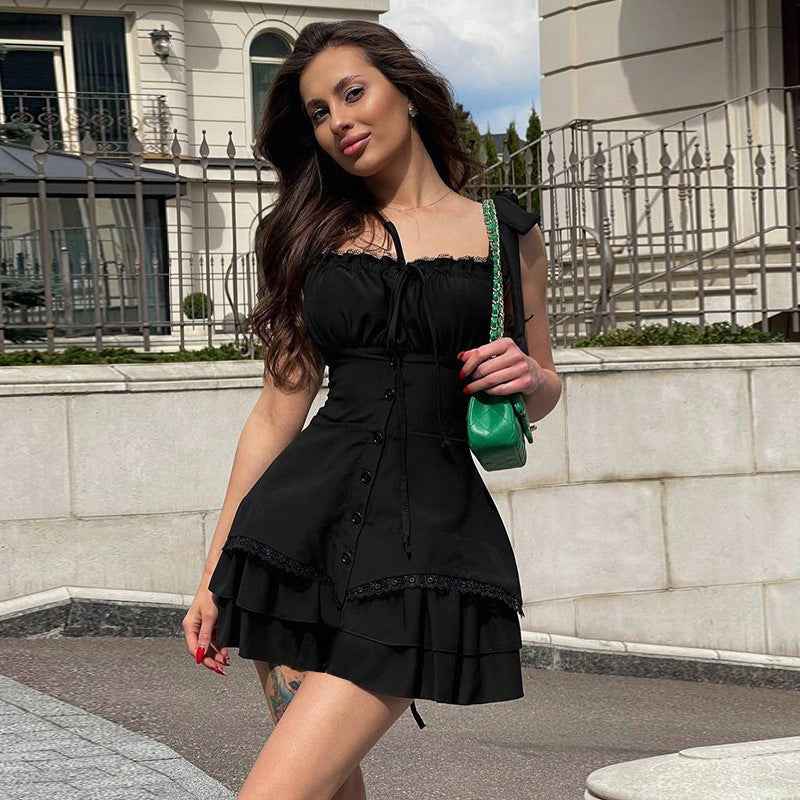 Pleated Waist Trimming Ruffles Dress Female Hot Dresses