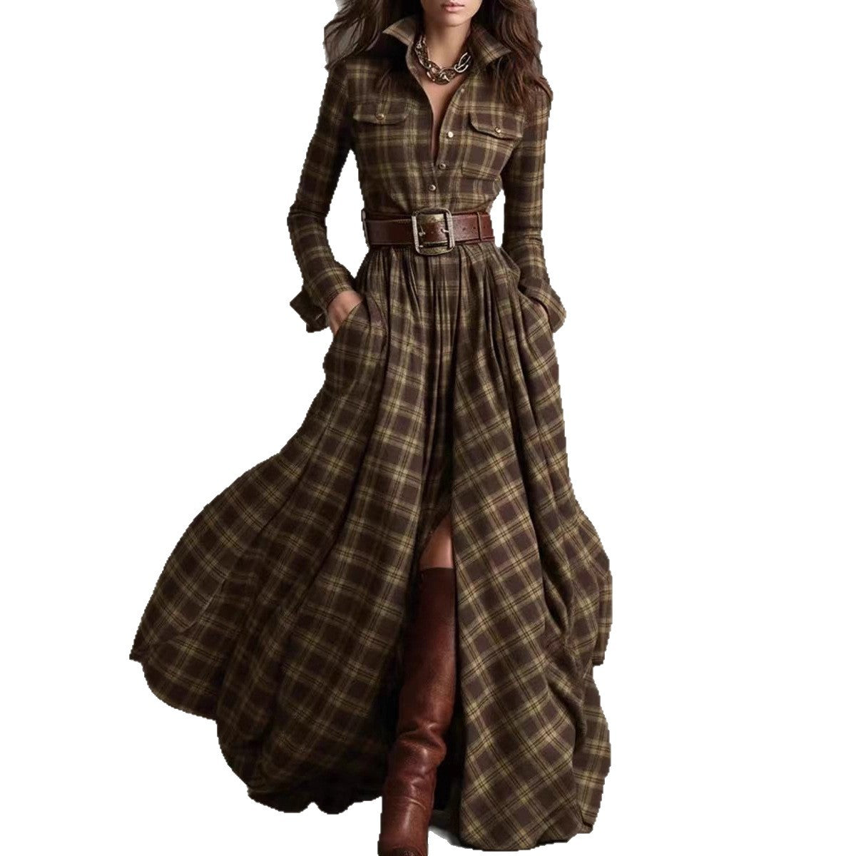 Women's Large French Retro Grid Slim Irregular Dresses