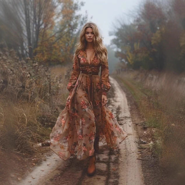 Women's Long Sleeve Digital Print Collar Maxi Dresses
