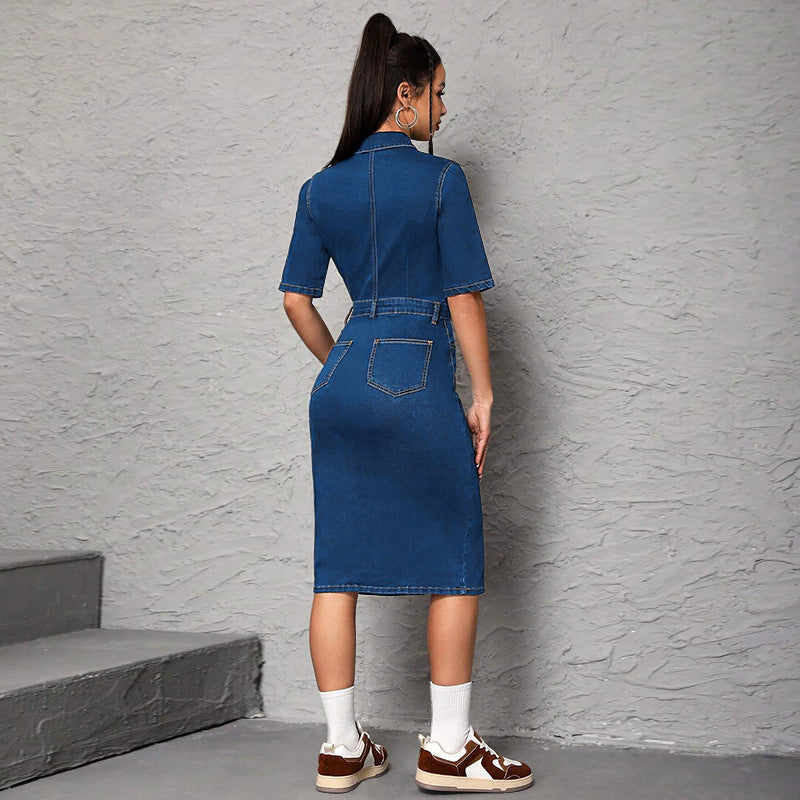 Women's Large Denim Lapel Sleeve Split Midi Dresses