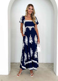 Vacation Style Printed Beach Dress Smocking Dress Women