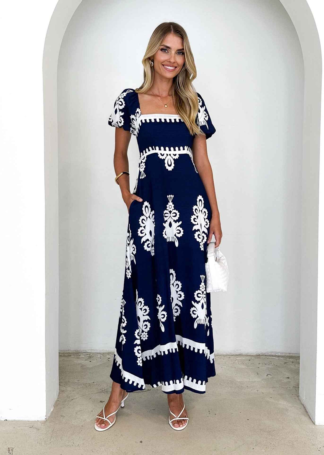 Vacation Style Printed Beach Dress Smocking Dress Women