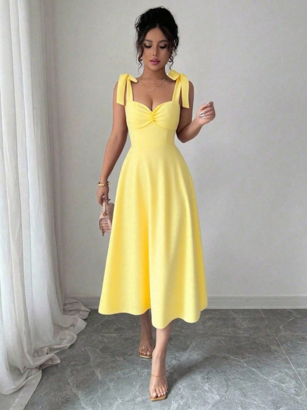 Spring Summer Solid Color Tied Dress Waist Slimming Elegant Graceful Maxi Dress