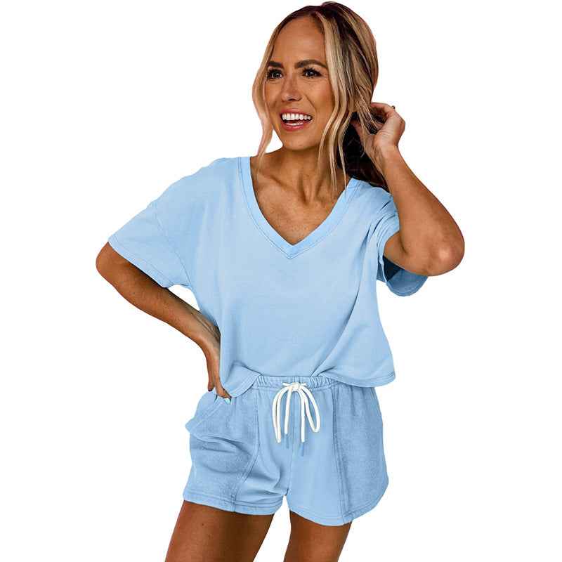 Women's Minimalist And Versatile Drawstring Loose Short Sleeved Shorts Set