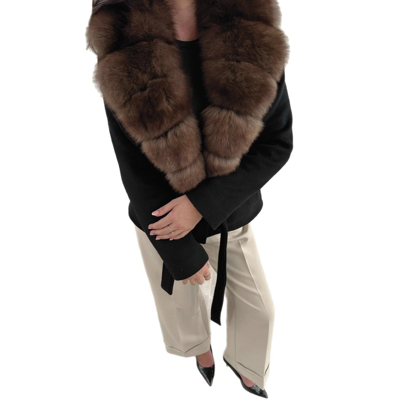 Fur Collar Waist Trimming Lace Up Coats