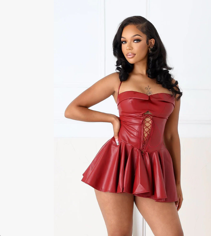 Women's Solid Color Sleeveless Sexy Tube Leather Dresses