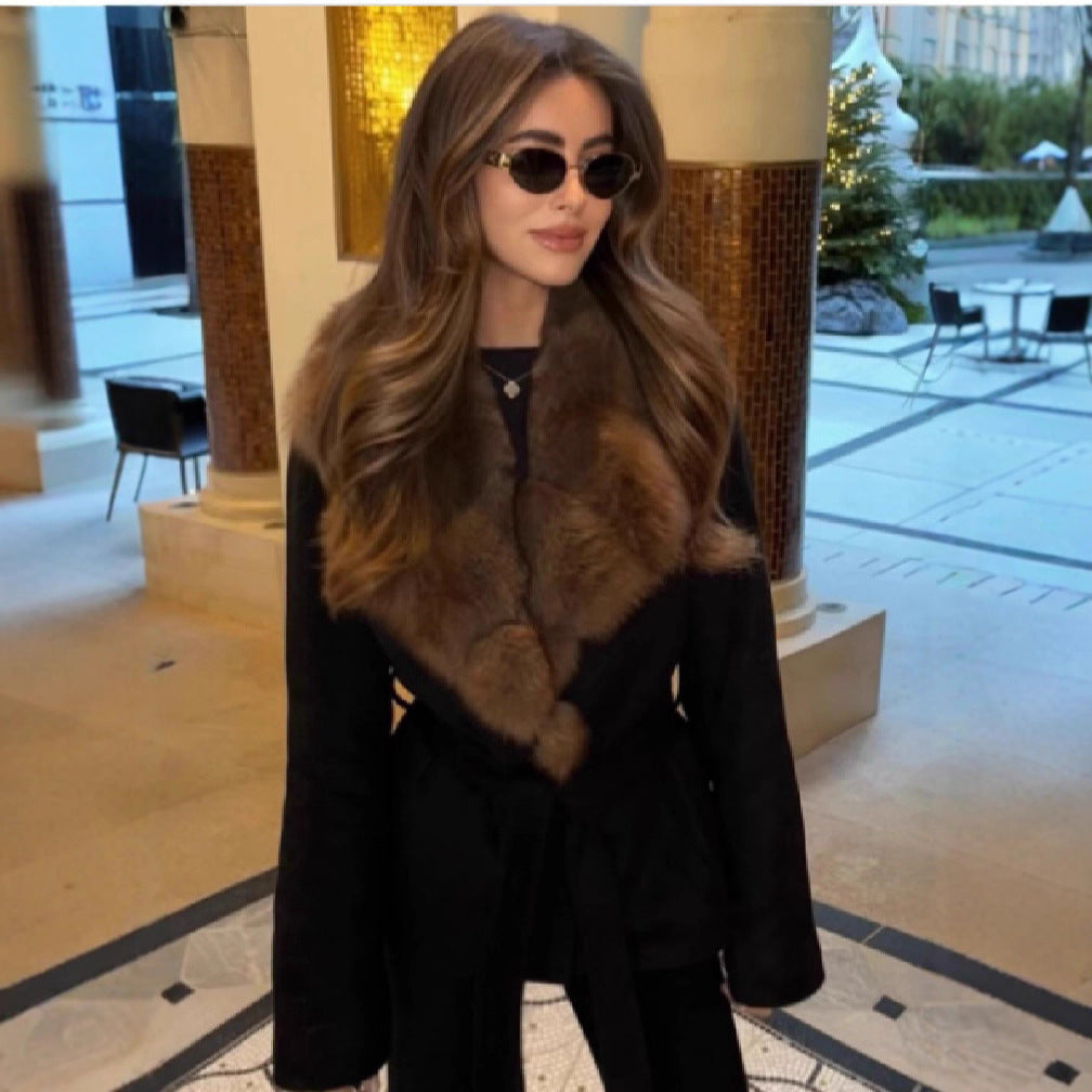 Fur Collar Waist Trimming Lace Up Coats