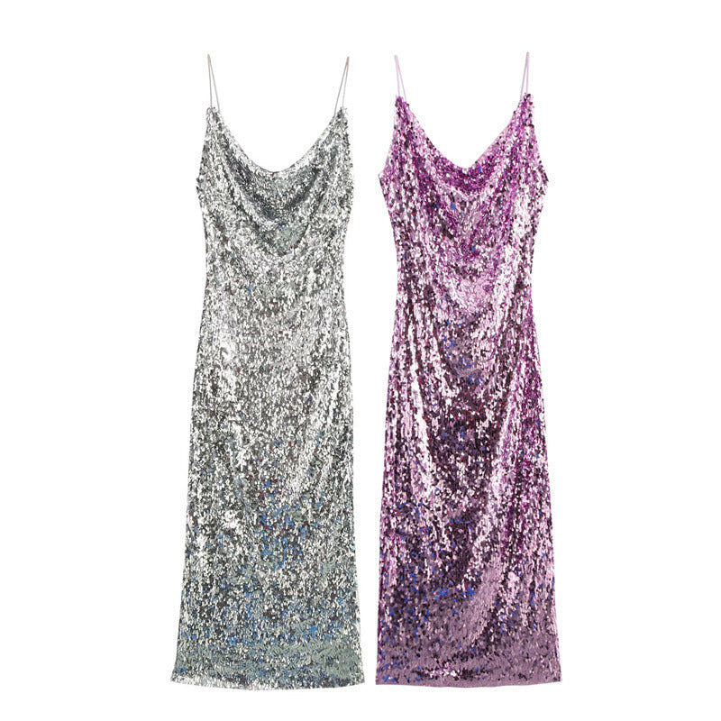 Women's Collar Fashionable Sequins Strap Dress Spring Dresses