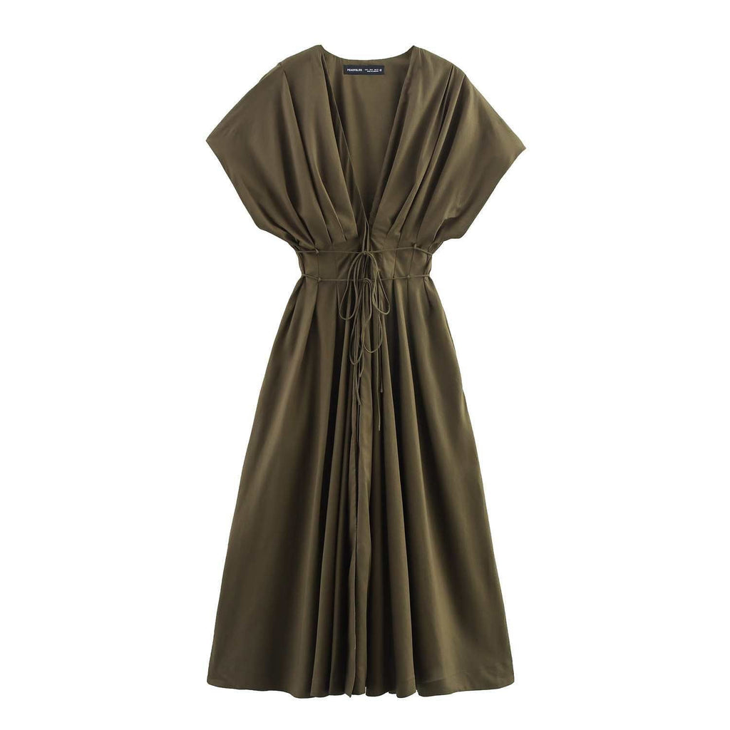 Pleated Midi Collar Slim Dress With Dresses