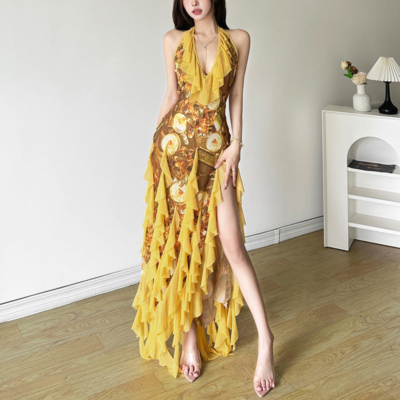 Women's High-grade Atmosphere Deep Collar Ruffled Backless Clothing