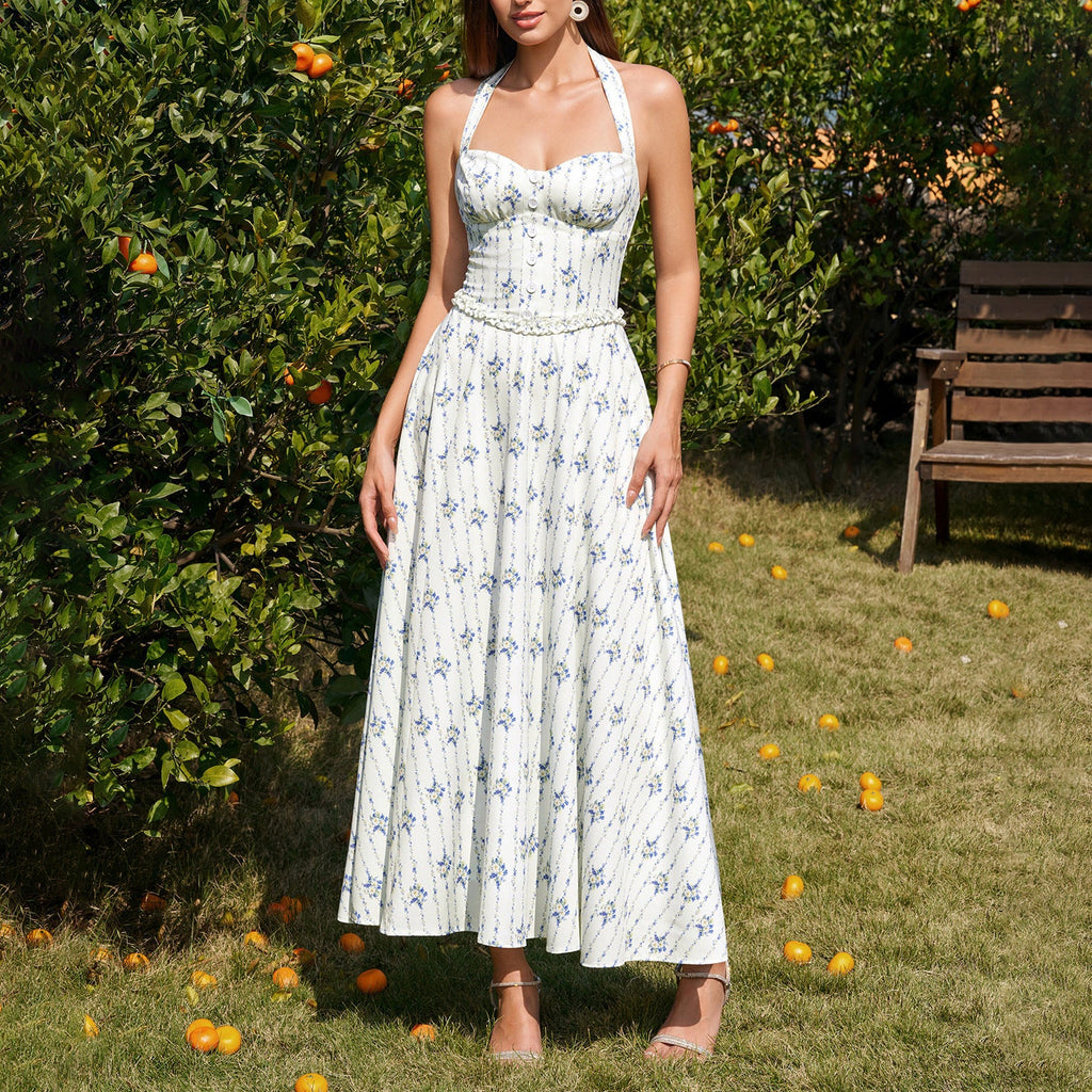 Four Sided Stretch Halter Tied Dress Sexy Backless Smocking Waist Slimming Wooden Ear Dress
