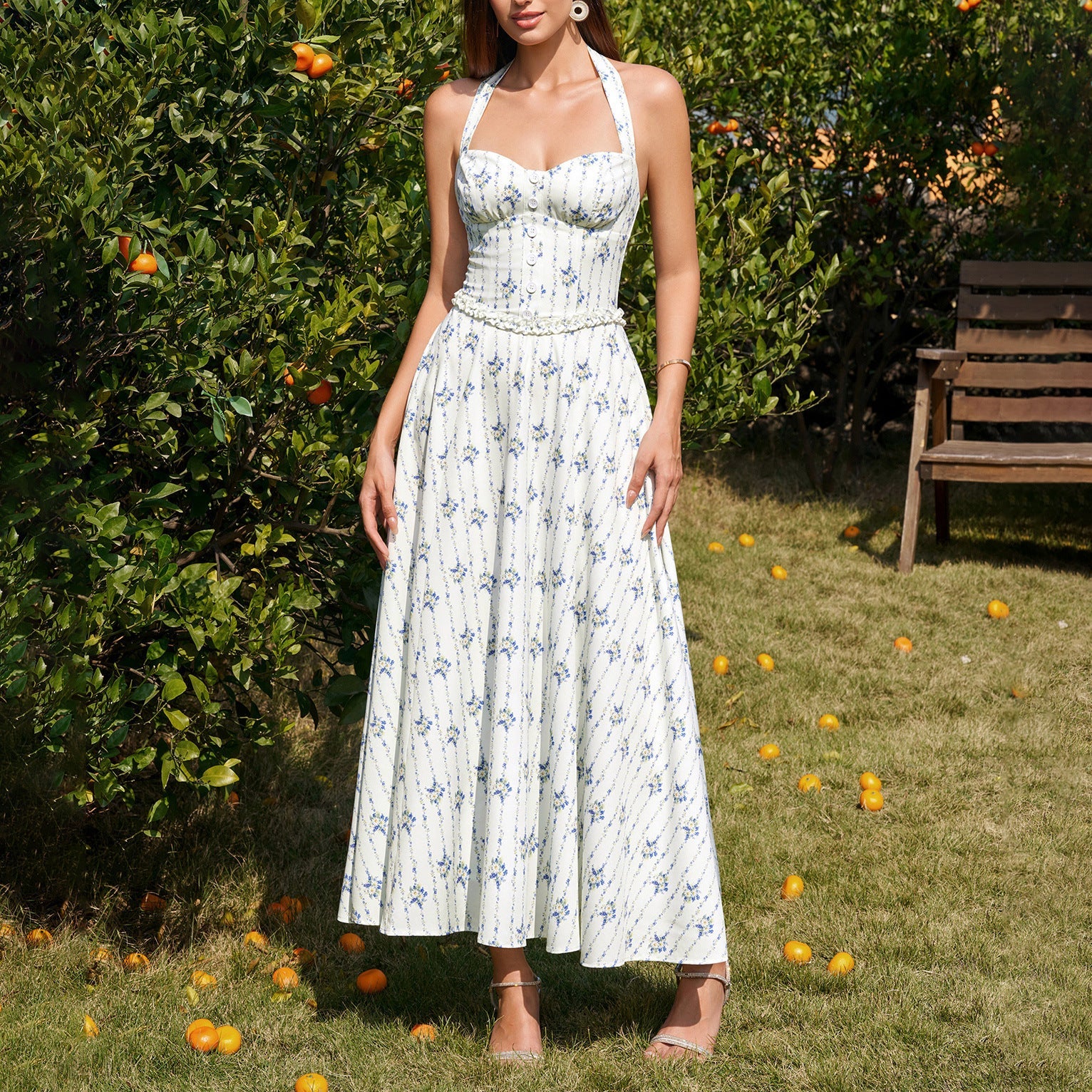 Four Sided Stretch Halter Tied Dress Sexy Backless Smocking Waist Slimming Wooden Ear Dress