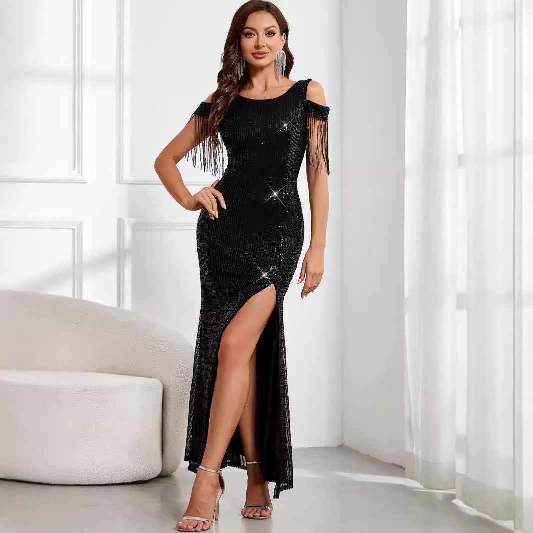 Women's Sexy Tassel Sequined Black Dress Long Dresses