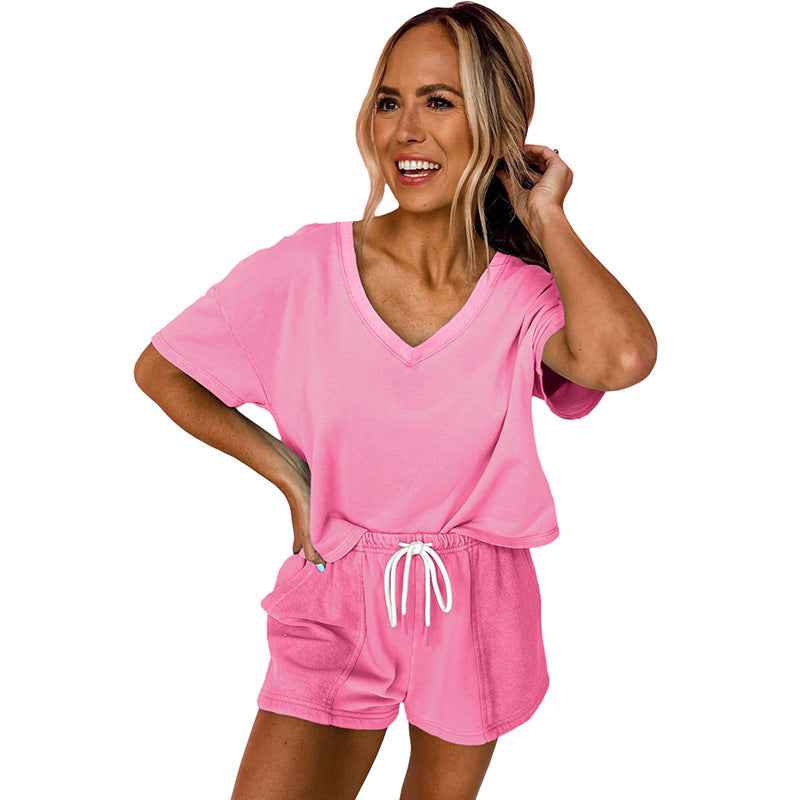 Women's Minimalist And Versatile Drawstring Loose Short Sleeved Shorts Set