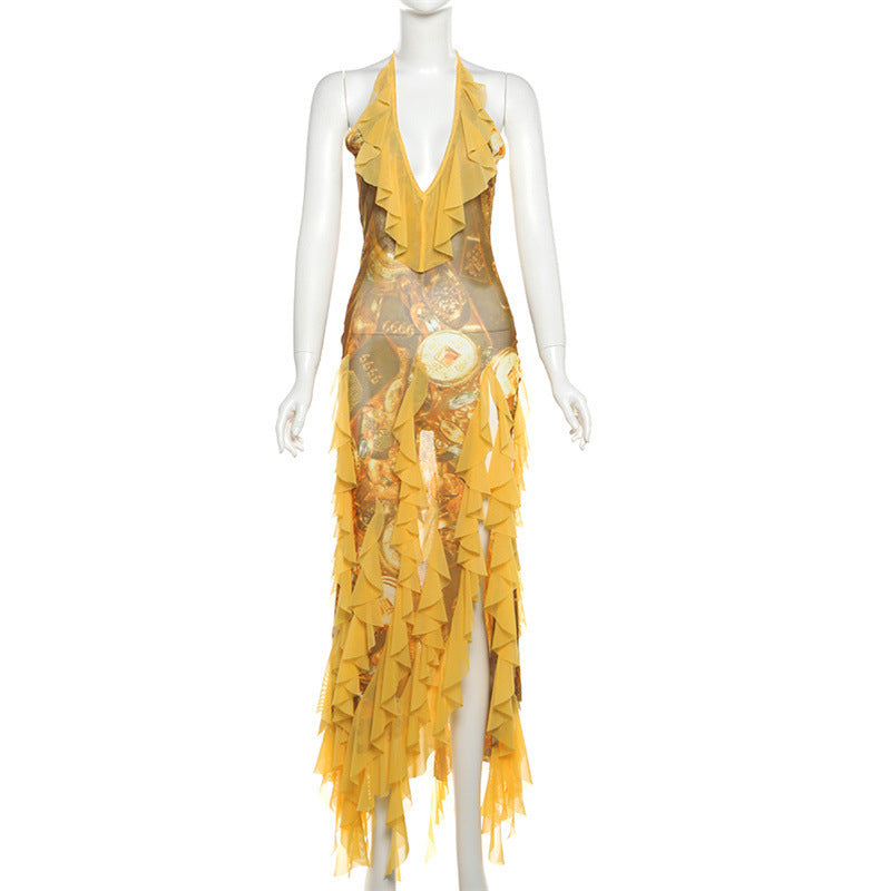 Women's High-grade Atmosphere Deep Collar Ruffled Backless Clothing