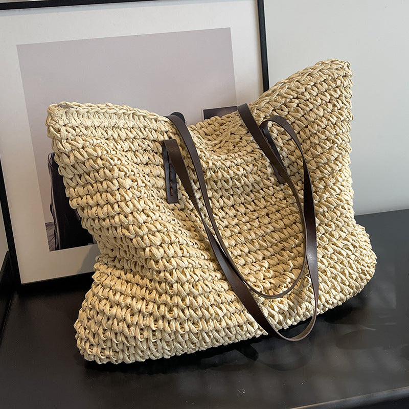 Summer Woven Shoulder Bag Ins Fashion Large Capacity Handbags With Zipper Women's Beach Bags