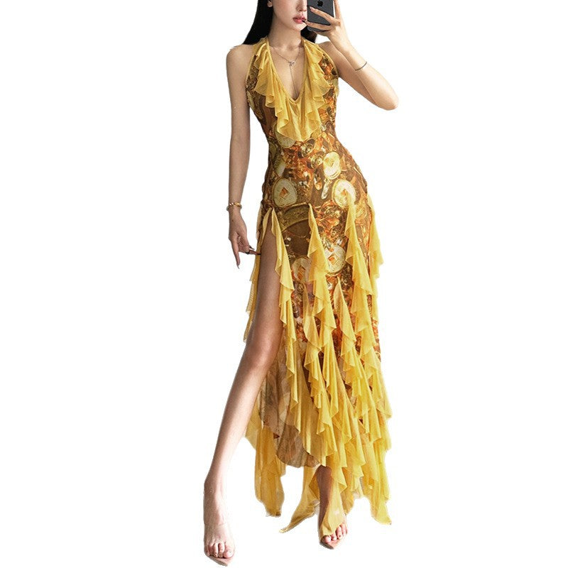 Women's High-grade Atmosphere Deep Collar Ruffled Backless Clothing