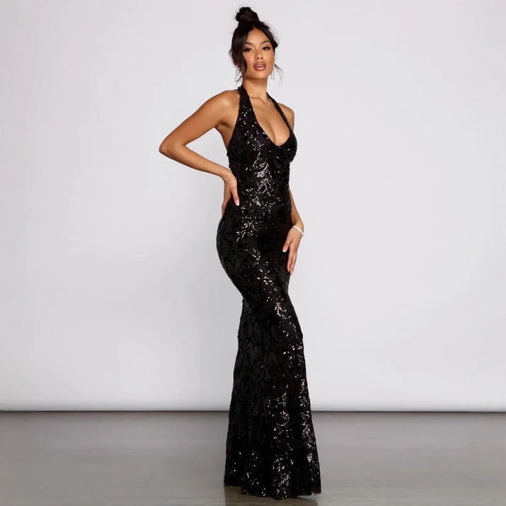 Women's Popular Sexy Hanging Collar Sequins Dress Dresses