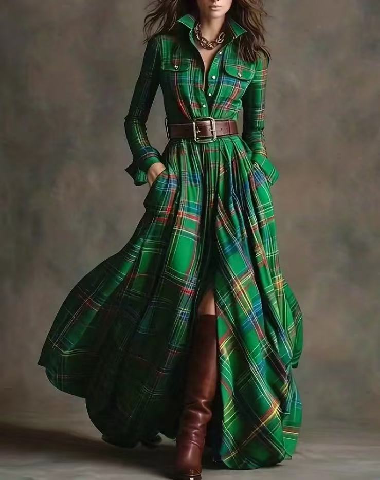 Women's Large French Retro Grid Slim Irregular Dresses