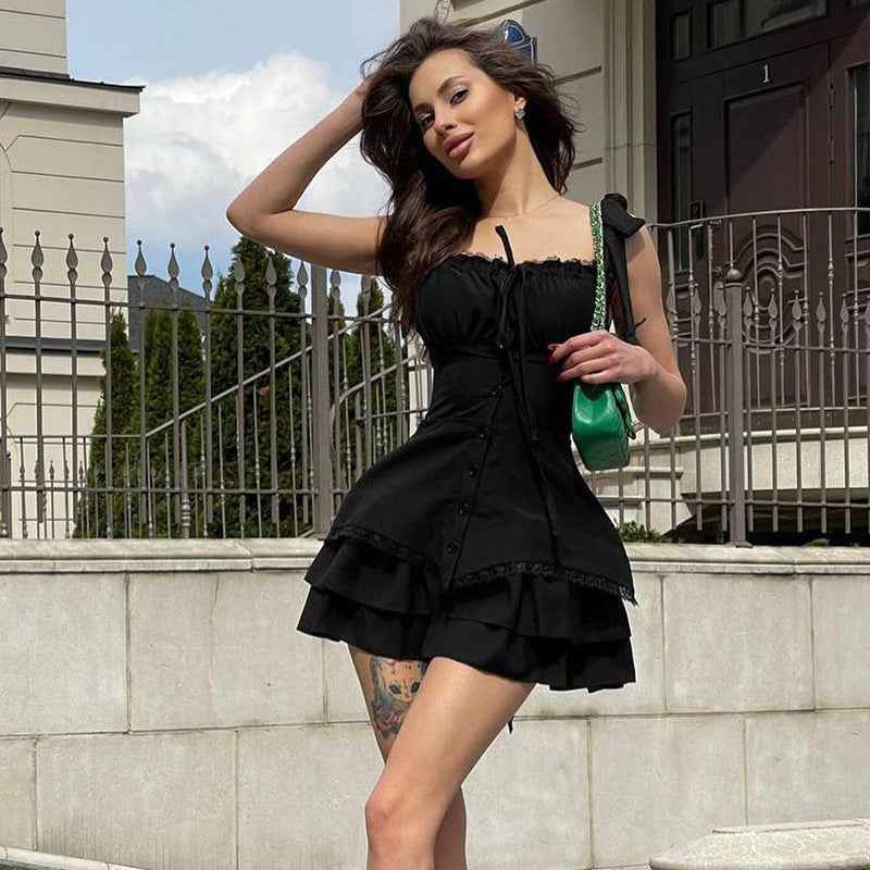 Pleated Waist Trimming Ruffles Dress Female Hot Dresses