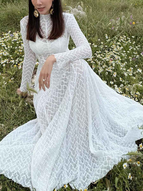 Autumn Winter Niche Design Beautiful Lace Slim Fit Slimming Wide Hem Maxi Dress Women by Ragazza