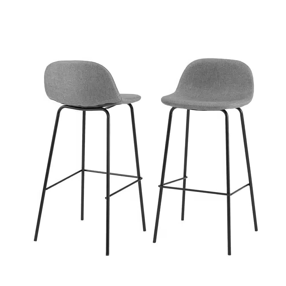 Set of 2 - Modern Low Back Barstool with Black Metal Frame and Grey Linen Seat - Goddess Imports Marketplace