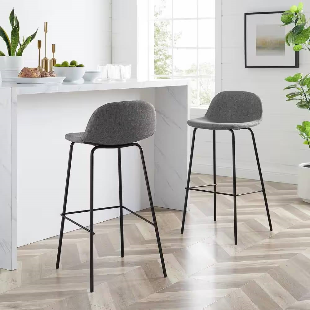 Set of 2 - Modern Low Back Barstool with Black Metal Frame and Grey Linen Seat - Goddess Imports Marketplace