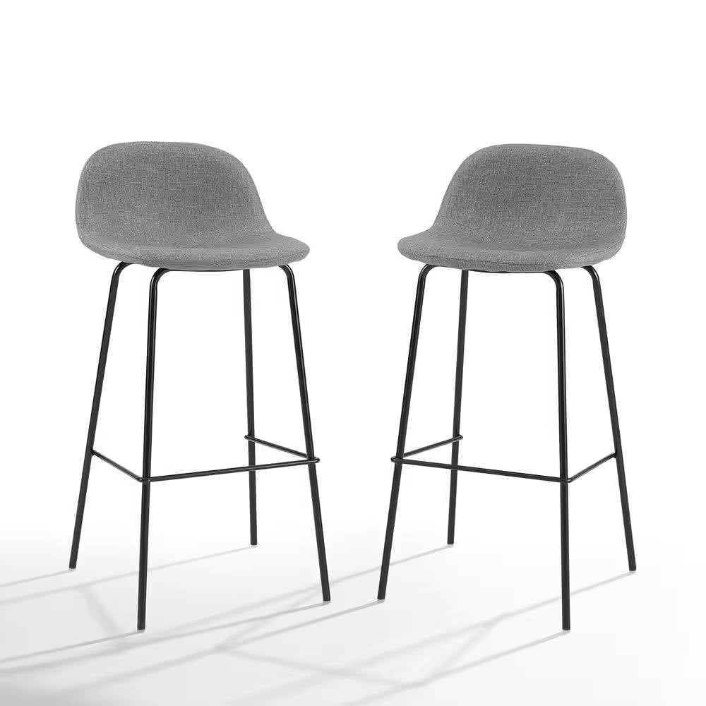 Set of 2 - Modern Low Back Barstool with Black Metal Frame and Grey Linen Seat - Goddess Imports Marketplace
